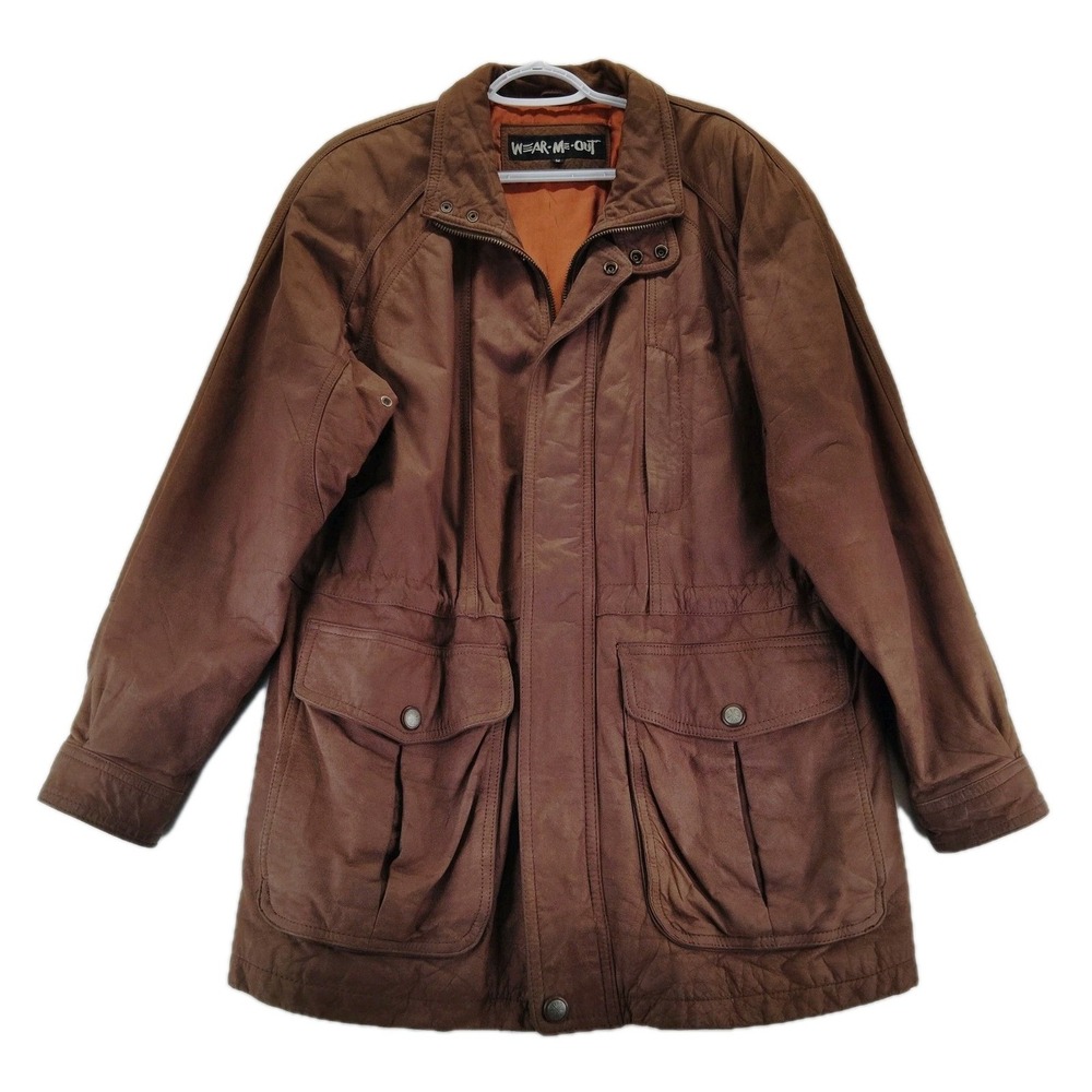 Vintage Wear Me Out Brown Leather Jacket Mens Size M Bomber Jacket